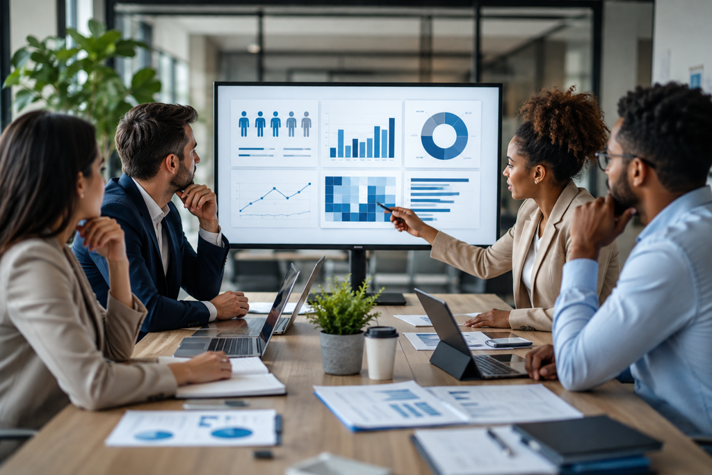 Data analytics consulting for business growth with a team analyzing workforce data and business performance
